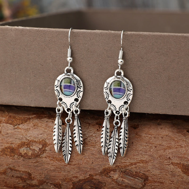 Wholesale Retro Style Feather Alloy Drip Glue Long Bohemian Ladies Fashion Earrings